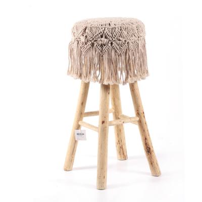 China K&B Suppliers China Wood Bar Stools Woven Textile Tassel American High Stools Beige Wooden Tall Stools Convertible Bar Stools for sale