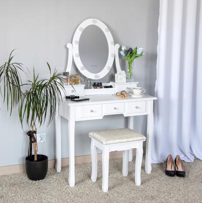 China White Led Mirror Dressing Table (Other) K&B Home Makeup Vanity Table Girls Adjustable Modern Bedroom Drawers Panel Dresser for sale