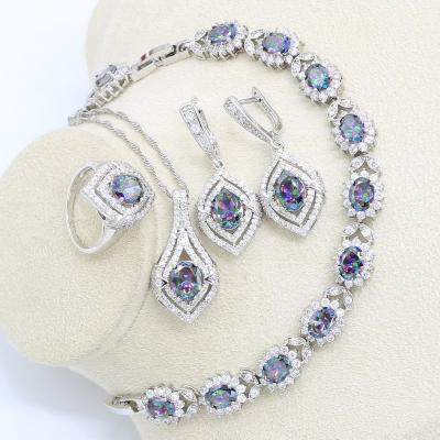 China TRENDY Rainbow Zircon Jewelry Sets Silver Bridal Earrings For Women Bracelet Necklace Rings Set Gifts Box for sale