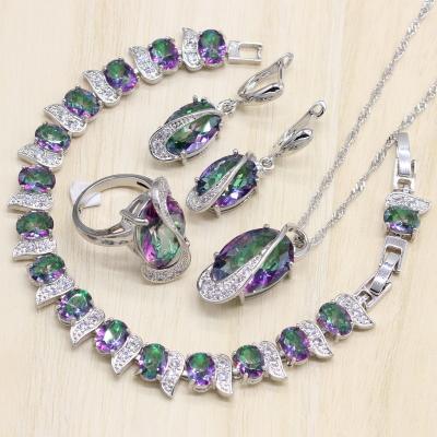 China TRENDY Rainbow Zircon Jewelry Sets For Women White Gold Earrings Pendant Necklace Ring Bracelet for sale