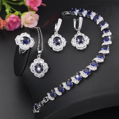 China Sapphire White Topaz Bridal Jewelry blue silver TRENDY place for women Ring Bracelet earrings for sale