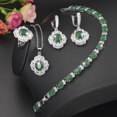 China CLASSIC Green Emerald Silver Jewelry Sets For Women Earrings Ring Bracelet Birthday Gift for sale