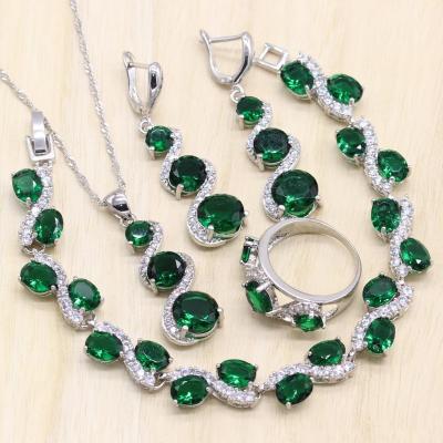 China TRENDY Green Stones 925 Stamp Women White Gold Jewelry Set Ring Earring Bracelet Necklcae Pendant Gift Jewelry for sale