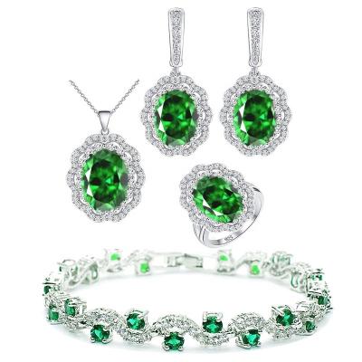 China CLASSIC Geometric Green Stones White Gold Plated Jewelry Set For Women Bracelet Earrings Ring Necklace Pendant for sale