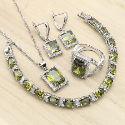 China TRENDY Silver Color Jewelry Sets For Women Necklace Ring Bracelet Olive Green Zirconia Earrings Pendant for sale