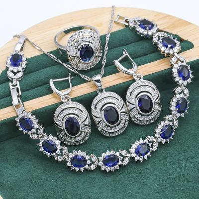 China TRENDY Dubai Classic Jewelry Sets For Women Wedding Blue Stones Bracelet Earrings Necklace Pendant Ring for sale