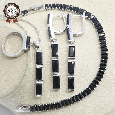 China TRENDY Black Zircon Silver Bridal Jewelry Sets For Women Long Necklace Ring Pendant Earrings Bracelets for sale