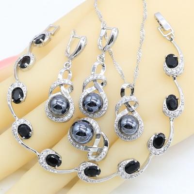 China TRENDY Geometric Black Pearl White Gold Jewelry Sets For Women Earrings Rings Necklace Zircon Pendant Bracelet for sale