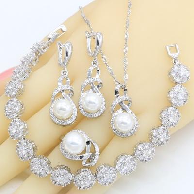 China CLASSIC White Pearl Jewelry Set For Women White Gold Plated Earrings Ring Necklace Pendant Birthday Gift for sale