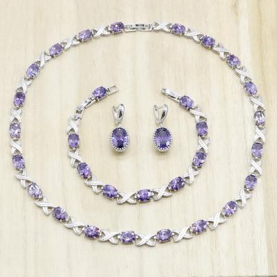 China TRENDY Purple Zirconia Silver Bridal Jewelry Sets For Women Necklace Earrings Bracelet Anniversary Birthday Gift for sale