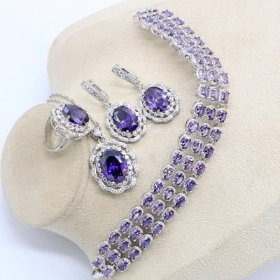 China TRENDY Purple Amethyst Silver Color Jewelry Set For Women Necklace Ring Gift Box Pendant Earrings Bracelet for sale