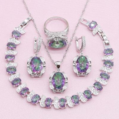 China TRENDY Rainbow Color Semi Precious Silver Jewelry Sets For Women Party Earrings Bracelet Pendant Necklace Ring Free Gift Box for sale