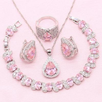 China CLASSIC 925 Silver Jewelry Sets For Women Wedding Necklace Pendant Ring Christmas Gift Stones Earring Clip Pink Earring Bracelet for sale