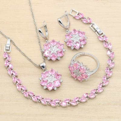 China AAA TRENDY Pink Cubic Zircon Silver Color Jewelry Sets For Women Wedding Earrings Necklace Pendant Bracelet Ring Birthday Gift 4PCS for sale