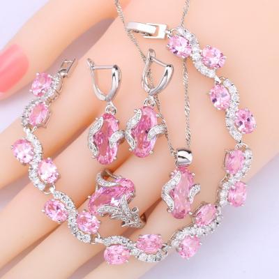 China Silver Rose TRENDY Zircon Jewelry Sets For Women Wedding Bracelet Earrings Rings Necklace Pendant Anniversary Gift for sale