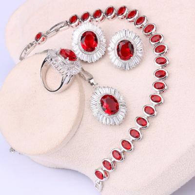 China Silver Necklace Ring Pendant Bracelets Gift Box Red Color Women Earrings FASHION Crystal Wedding Jewelry Sets For for sale