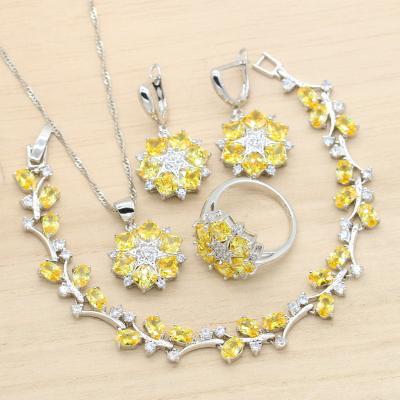 China FASHIONABLE Noble Yellow Cubic Zircon Silver Color Jewelry Sets For Women Wedding Earrings Necklace Pendant Bracelet Ring Birthday Gift for sale