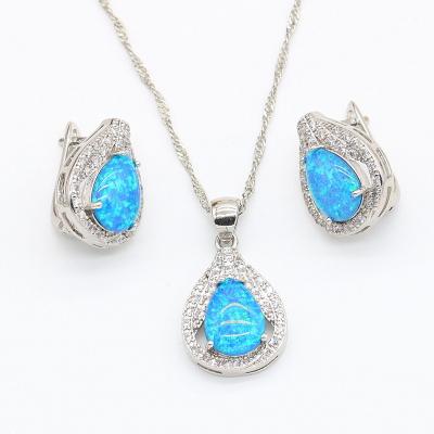 China CLASSIC Blue Opal Silver Color Jewelry Set For Women Birthday Earrings Necklace Pendant Christmas Gift for sale