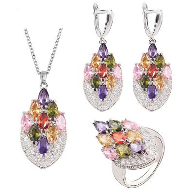 China CLASSIC Muti Color Stones Jewelry Set For Women White Gold Plated Ring Necklace Pendant Earrings for sale