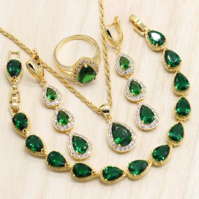 China TRENDY Gold Color Women Jewelry Sets Pendant Necklace Ring Drop Water Bracelet Green Blue Stones Long Earrings for sale