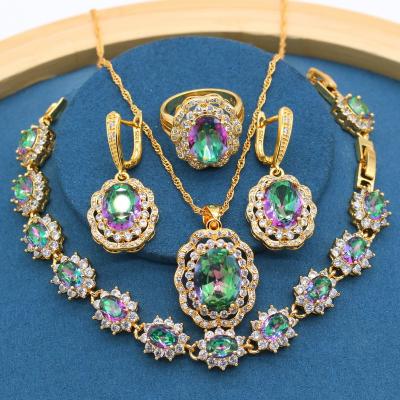 China CLASSIC Rainbow Stones Gold Color Jewelry Sets For Women Gift Bracelet Earrings Necklace Ring Party Birthday for sale