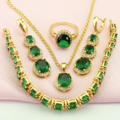 China TRENDY Green Oval Cubic Zirconia Gold Color Jewelry Set For Women Jewelry Necklace Earrings Pendant for sale