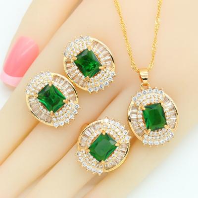 China FASHIONABLE Green Semi-precious Silver Color Gold Jewelry Sets For Women Stud Earrings Pendant Necklace Ring Gift for sale