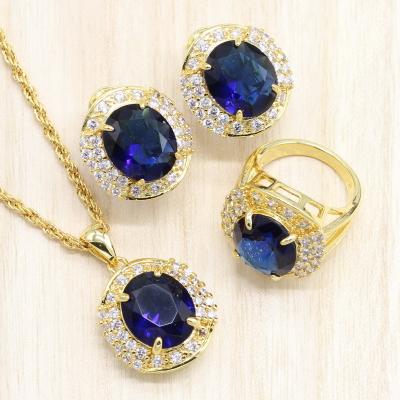 China TRENDY Gold Color Jewelry Sets Blue Semi-precious Circle Earrings Necklace Pendant Ring For Women Party Gift for sale