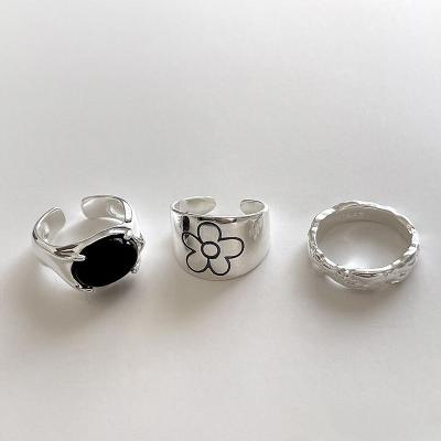 China TRENDY Vintage Jewelry 925 Sterling Silver Flower Black Agate Ring For Women Jewelry for sale