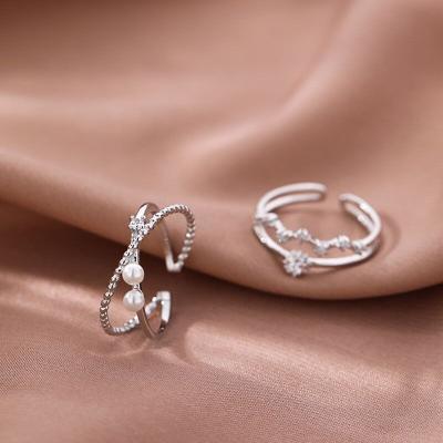 China Fashionable 925 Sterling Silver Cross Double Layer Zircon Star Bead Open Adjustable Rings for sale