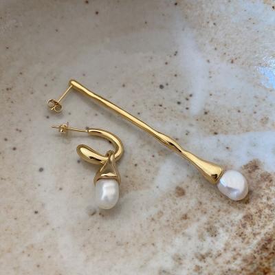 China TRENDY 925 Sterling Silver Gold Freshwater Pearl Drop Earrings Long Bar Drops Irregular Vintage Asymmetric Earrings Drops for sale