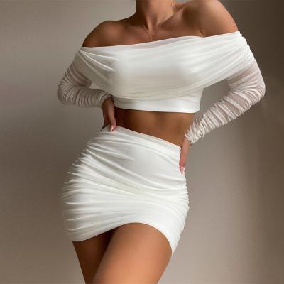 China Breathable Off The Shoulder All Over Apiary Elegant Women Skirt Two Piece Set 2 Casual Stretch Crop Mesh Tops for sale