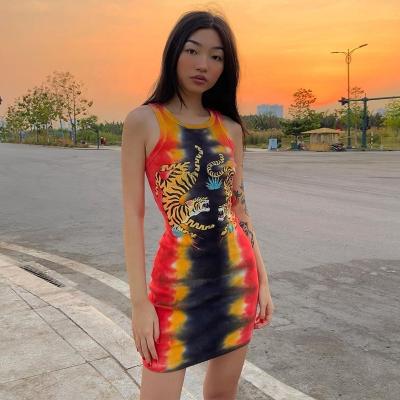 China Hot Fashion 2022 Summer New Style Tiger Print Tie Dye Sleeveless Package Hip Mini Dress Breathable Dress for sale