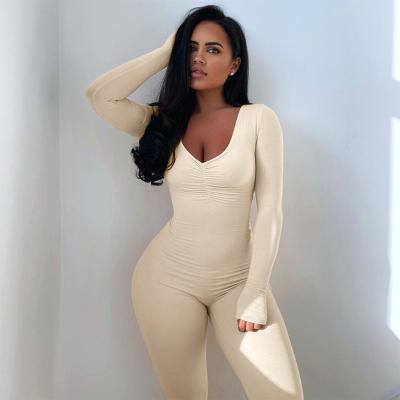 China QUICK DRY Streetwear Sports Teams Solid Long Sleeve V Neck Bodycon Gym Women Overalls for sale