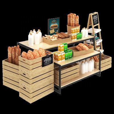 China Single Sided Customizable Wooden Supermarket Food Nesting Table 2 Tiers Bread Display For Bakery for sale