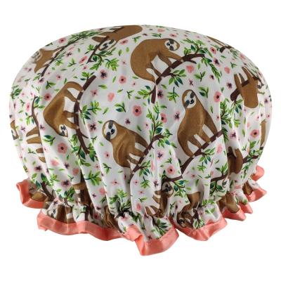 China QUIET GIRL Shower Hats High Quality Double Layer Satin Sloth Print Elastic Shower Cap Viable Low MOQ Large Enough for sale