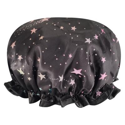 China Low MOQ high quality printing sky atarry shower hat big enough double layer elastic satin of QUIET GIRL shower hats viable for sale