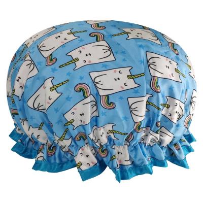 China Factorydirect Cartoon Shower Hats Double Layer Satin Unicorn High Quality Viable Elastic Shower Cap Low MOQ Large Enough for sale