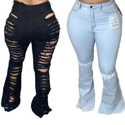 China Breathable Solid Color Hot Selling Custom Personality Ripped Plus Size Flared Pants for sale