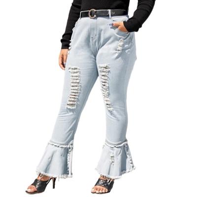 China Breathable Wholesale Size Women XL-5XL Super Light Blue Formal Flare Checked Pants Jeans for sale