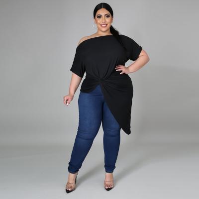 China New Ribbed QUICK DRY Oblique Shoulder Plus Size Irregular Summer Tops For Women With Sleeves for sale