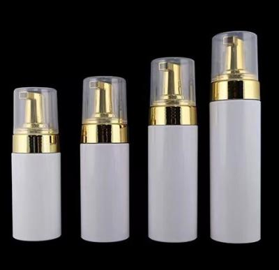 China Low MOQ Cosmetic Package PET 100ml 120ml 150ml 200ml Foam Pump Bottle Gold Material Facial Detergent Pump Bottle for sale