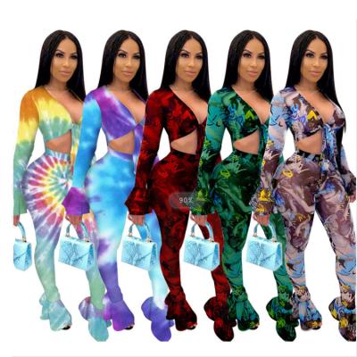 China 2020 New Arrival Breathable Women Flare Pants Tie Dye Sets Front Knot Sexy V-Neck Yoga Outfits Autumn 2 Piece Set for sale