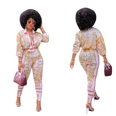 China Hot Selling QUICK DRY Women Fall Printed Blouse And Pants Sweat Long Sleeve Casual Set Designer 2 Piece Set for sale