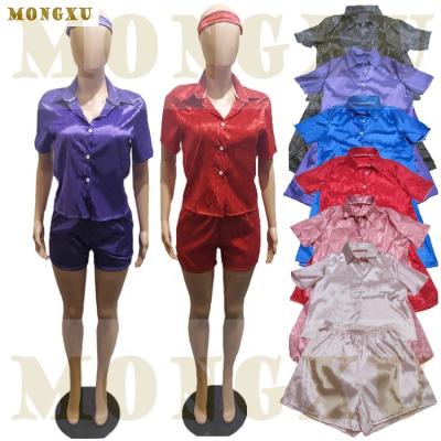 China Lady QUICK DRY Silk Pajamas Sets Designer 2021 Summer Sexy Satin Short Sleepwear 2 Piece Women Nightgowns With Headband for sale