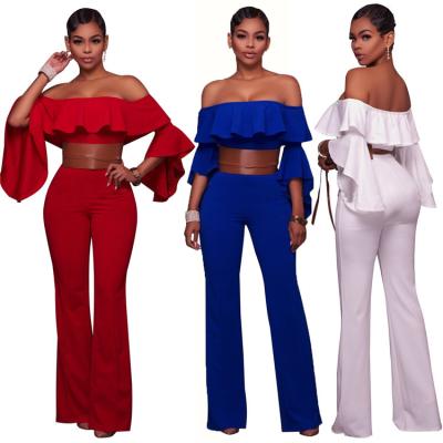 China Solid Color Breathable Elegant Ladies Off The Shoulder Ruffle Design Long Pants Even Overalls Rompers for sale