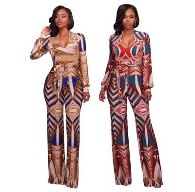 China 2020 New Design Breathable Women Printed Rompers Long Sleeve One Piece Wide Leg Formal Jumpsuit for sale