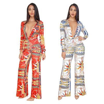 China 2022 Beautiful Leg Club Girls Digital Printing Women Overalls Breathable African Sexy Deep V Neck Long Sleeve Jumpsuit Wide Leg Overalls 2022 for sale