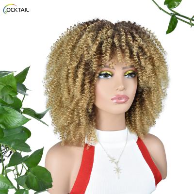 China Short Hair Soft Afro Kinky Curly Wigs With Bangs For Black Women Ombre Glueless Cosplay African Synthetic Wigs High Temperature for sale