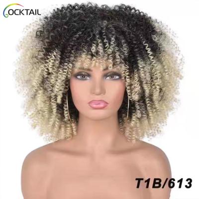 China Soft African Kinky Curly Wigs With Bangs For Black Women Afro Glueless Cosplay Ombre Synthetic Wigs High Temperature Fiber for sale